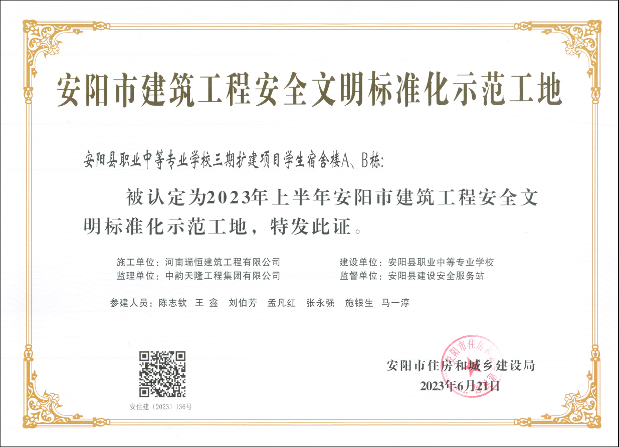喜訊：安陽縣職業(yè)中等專業(yè)學(xué)校三期擴(kuò)建項目學(xué)榮獲安陽市建筑工程安全文明標(biāo)準(zhǔn)化示范工地榮譽(yù)